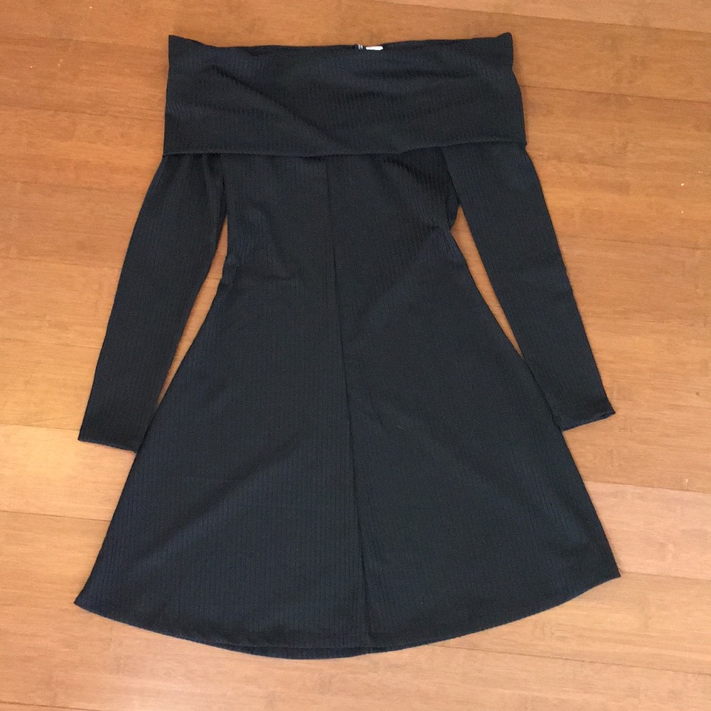 Off-Shoulder, Long Sleeve, Black Skater Dress